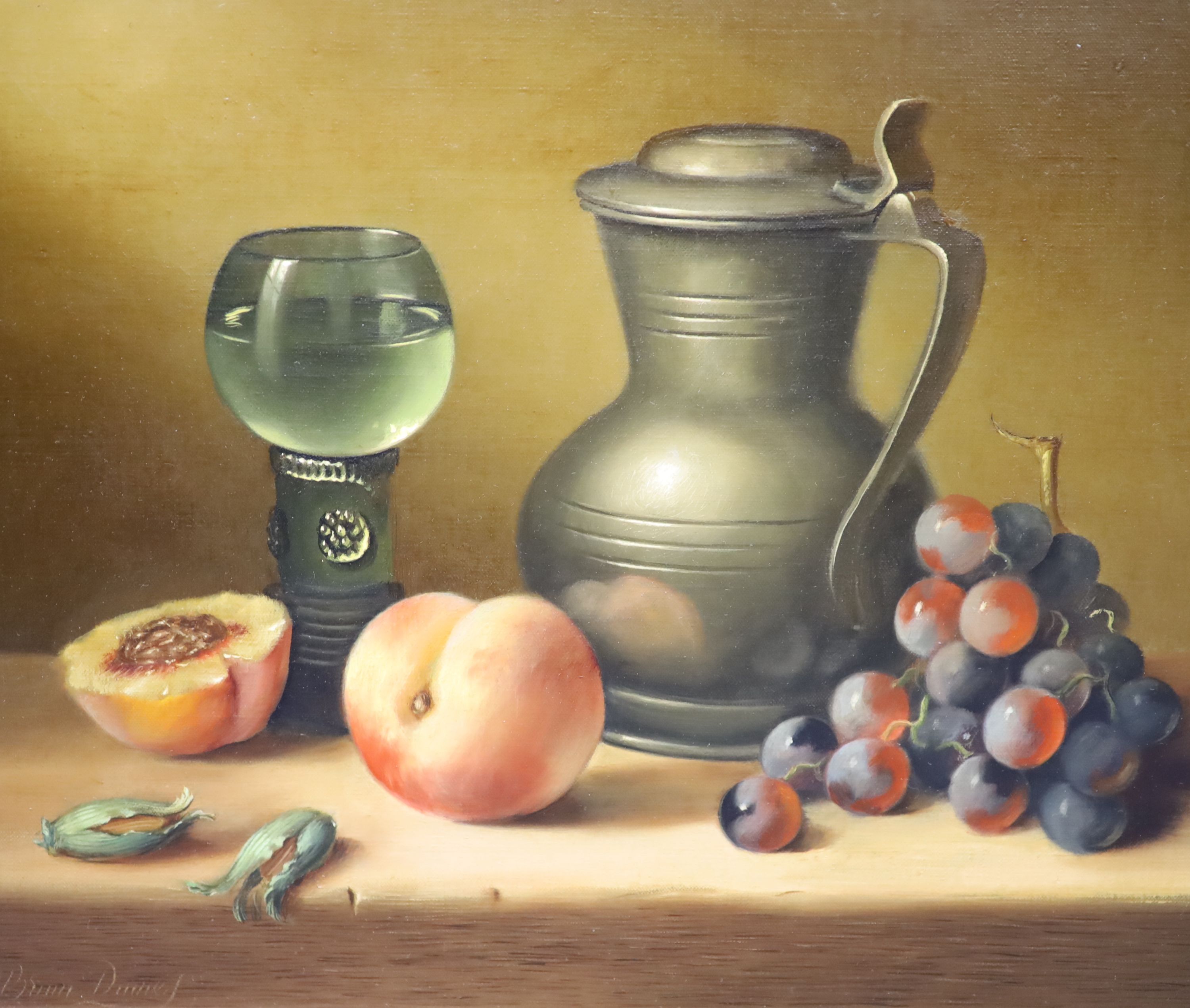 Brian Davies, pair of oils on canvas, Still lifes of fruit and flagons, signed, 30 x 35cm